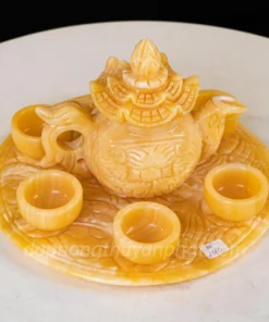 Ấm Chén Đá Tự Nhiên - Ấm Trà Khay Tròn Chạm Khắc Rồng Ngọc Hoàng Long - M2380