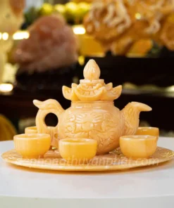 Ấm Chén Đá Tự Nhiên - Ấm Trà Khay Tròn Chạm Khắc Rồng Ngọc Hoàng Long - M2380